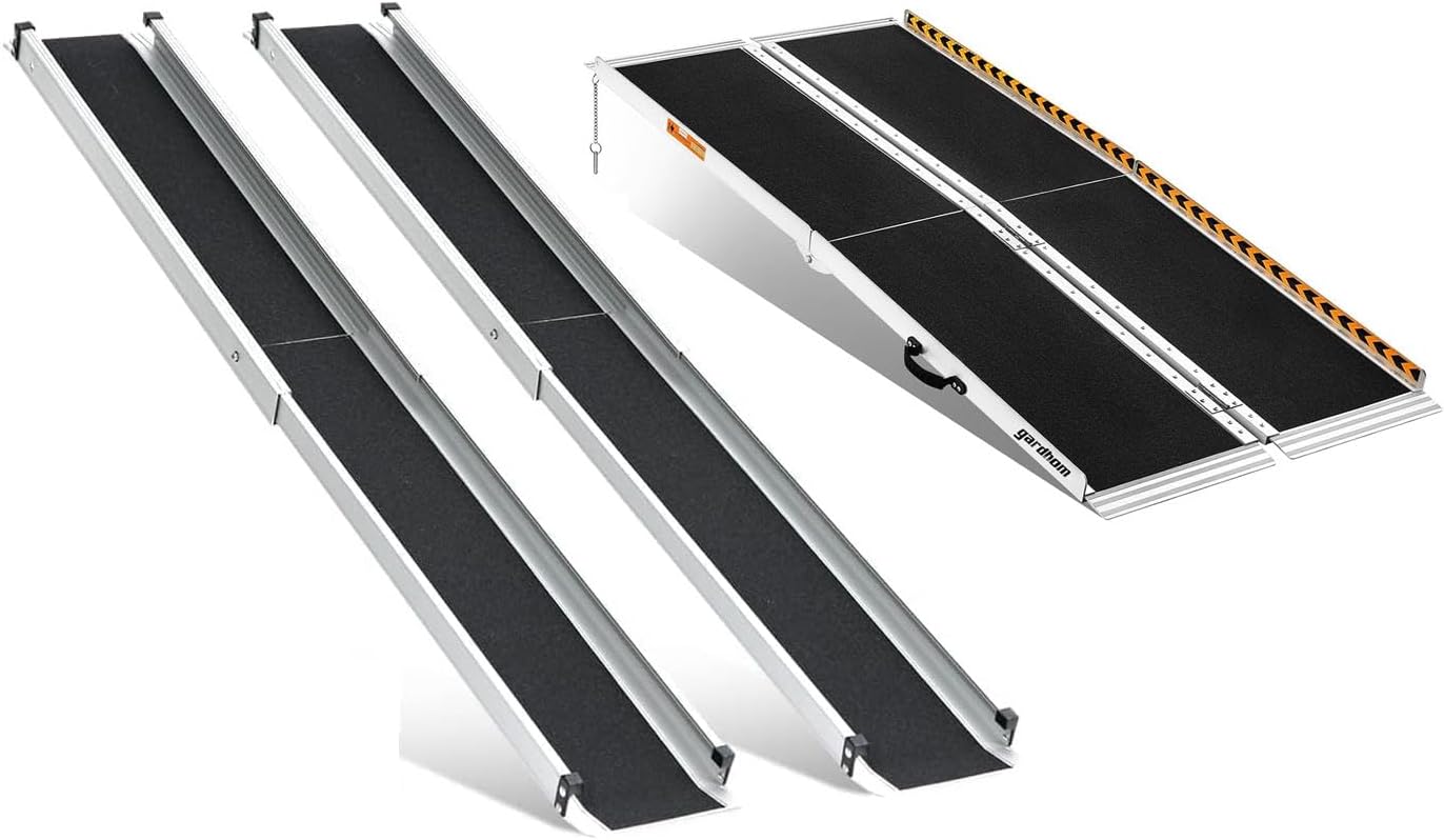 garhom Bundle 5FT 7FT Portable Wheelchair Ramp Anti-Slip Aluminum Folding Handicap Ramp Wheel Chair Ramp for Home Steps Wheelchair Ramps for Home Entrance Threshold Doorways Stairs Curbs Scooter