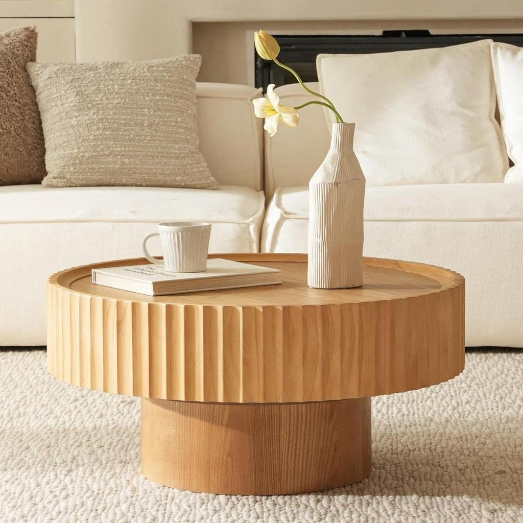Round Coffee Table, 30.3in Modern Living Room Table, Fluted Drum Circle Tea Table with Storage, Accent Center Tables for Living Room, Apartment, Small Space (Nature Wood)