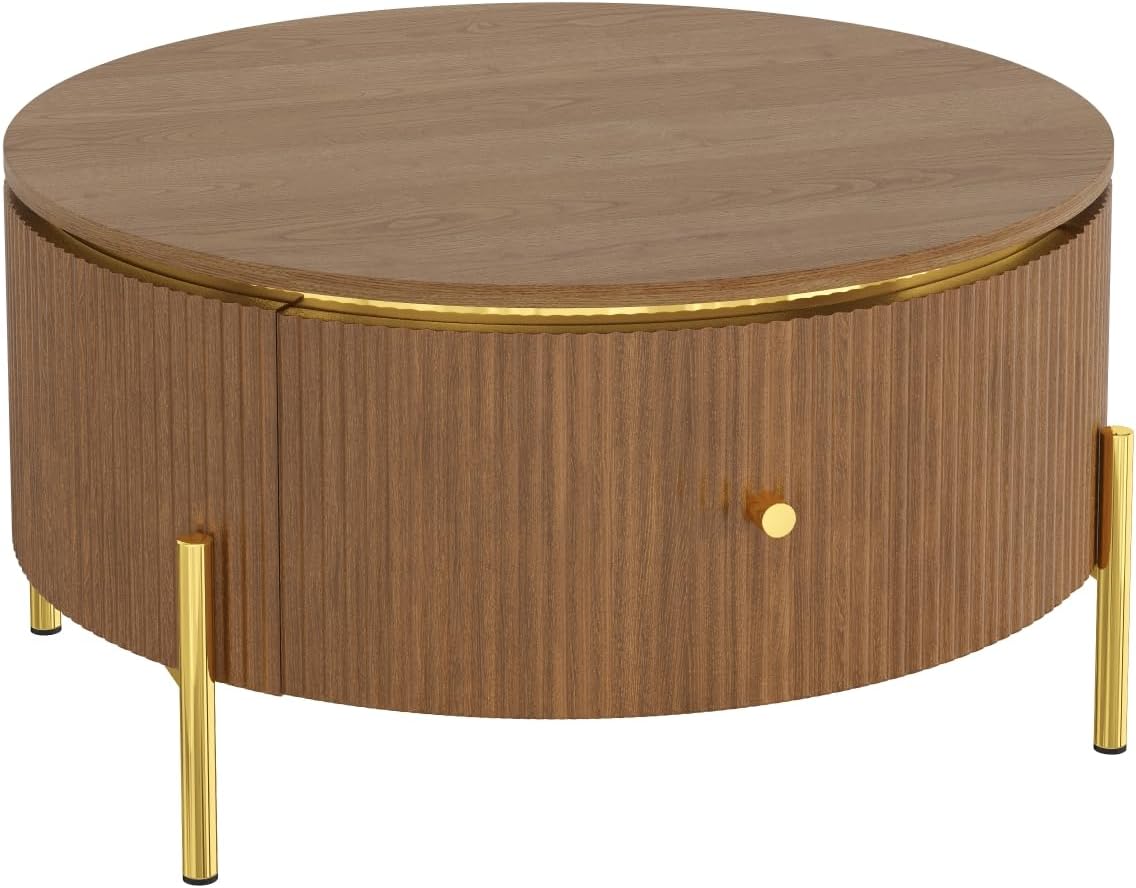 Modern Round Coffee Table with 2 Large Drawers Storage Accent Table, Brown, 31.5'