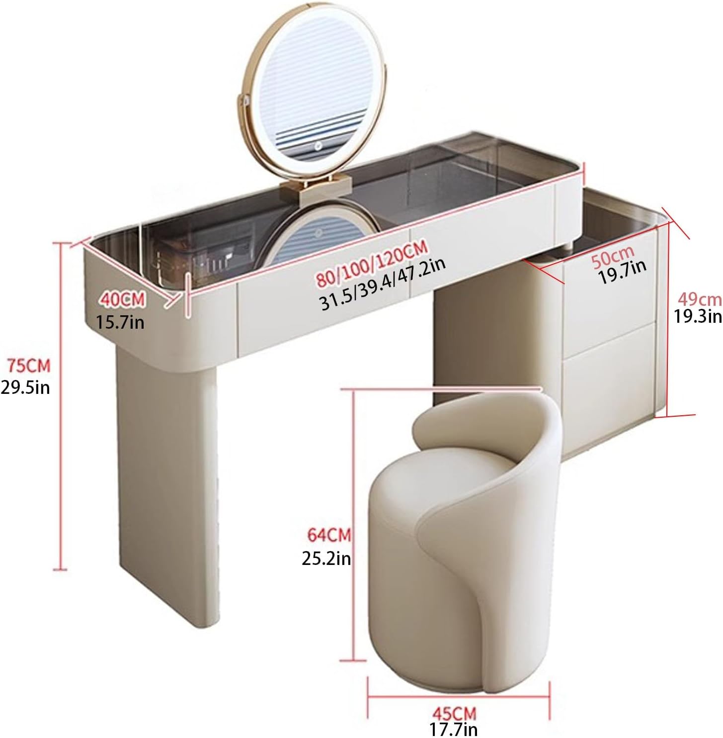 Makeup Vanity Set with Lighted Mirror, Dressing Table with Tempered Glass Tabletop and 4 Drawer, Vanity Desk with Nightstand, Cushioned Stool, 3 Color Lighting Modes,Grey 47.2'/120cm