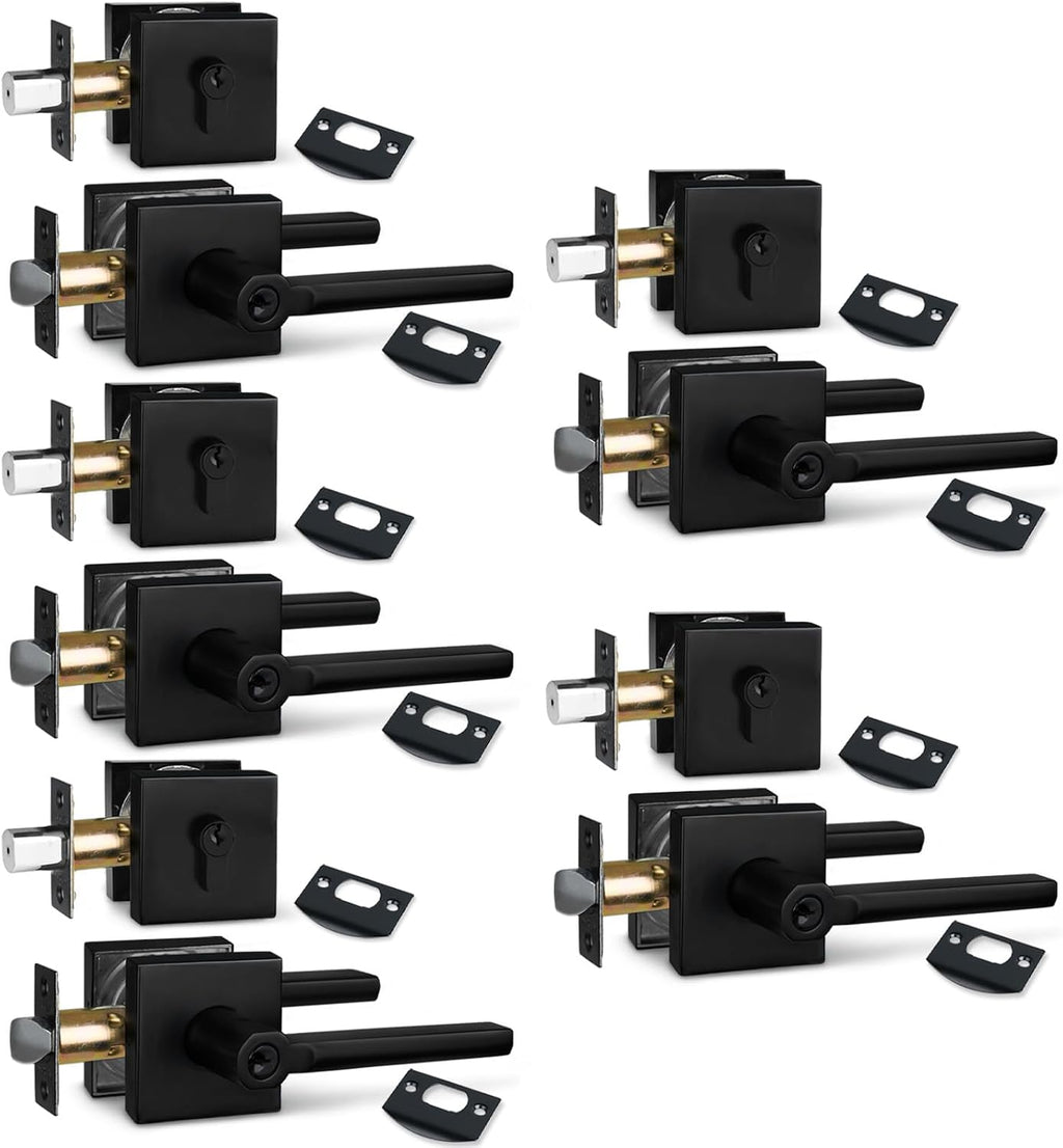 NEWBANG (5Pack Square Heavy Duty Keyed Entry Combo with deadbolt and Lever Door Handle in Matte Black (for Entrance/Exterior/Front/Office Door) Left or Right Handed