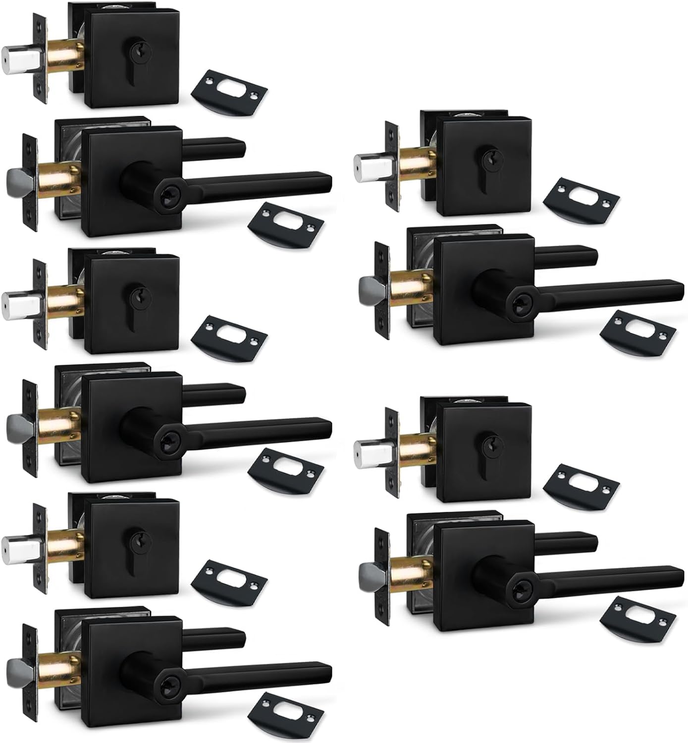 NEWBANG (5Pack Square Heavy Duty Keyed Entry Combo with deadbolt and Lever Door Handle in Matte Black (for Entrance/Exterior/Front/Office Door) Left or Right Handed