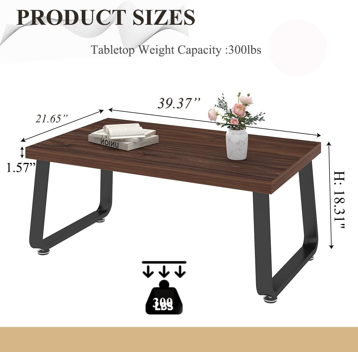 HSH Rustic Walnut Coffee Table, 39' Mid Century Modern Center Table, Rectangle Industrial Living Room Coffee Table, Simple Farmhouse Wood and Metal Tea Coffee Tables for Home Bedroom, Walnut, 39 in