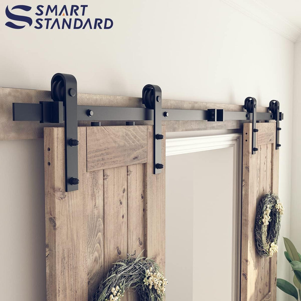 SMARTSTANDARD 11 FT Double Barn Door Hardware Kit, Sliding Door Track-Smoothly and Quietly -Includes Detailed Installation Fit 30'-33' Wide Doorpanel (J Shape Hanger) Black
