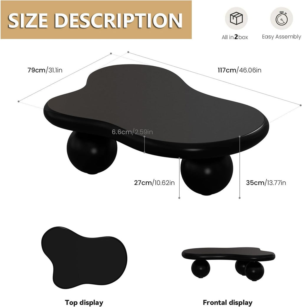 46' Black Cloud Shaped Coffee Table Irregular Coffee Table Cute Irregular Wooden Modern Center Tables with 3 Ball Legs for Bedroom Apartment, Living Room, Farmhouse (A46IN)