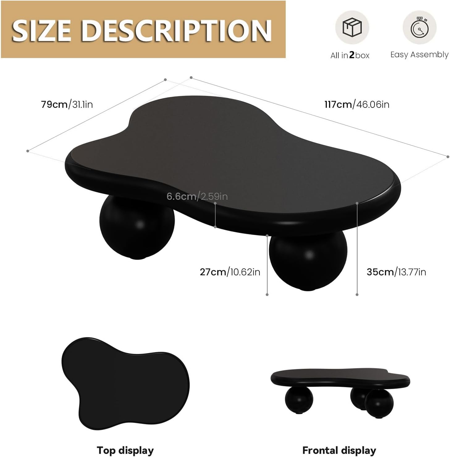 46' Black Cloud Shaped Coffee Table Irregular Coffee Table Cute Irregular Wooden Modern Center Tables with 3 Ball Legs for Bedroom Apartment, Living Room, Farmhouse (A46IN)