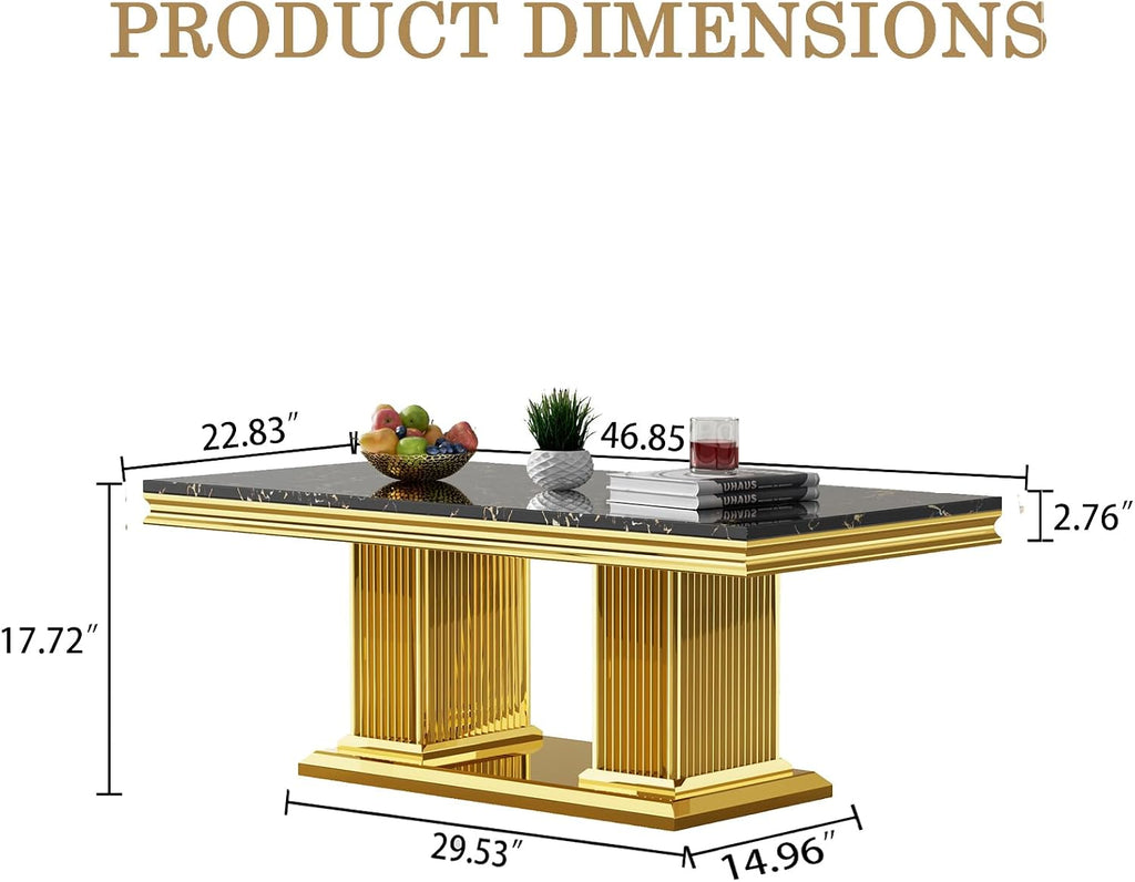 Modern 47' Rectangular Marble Coffee Table Luxury Black Faux Marble Coffee Table with Silver Column-Shape Stainless Steel Base Elegant Cocktail Center Table for Living Room Home Office