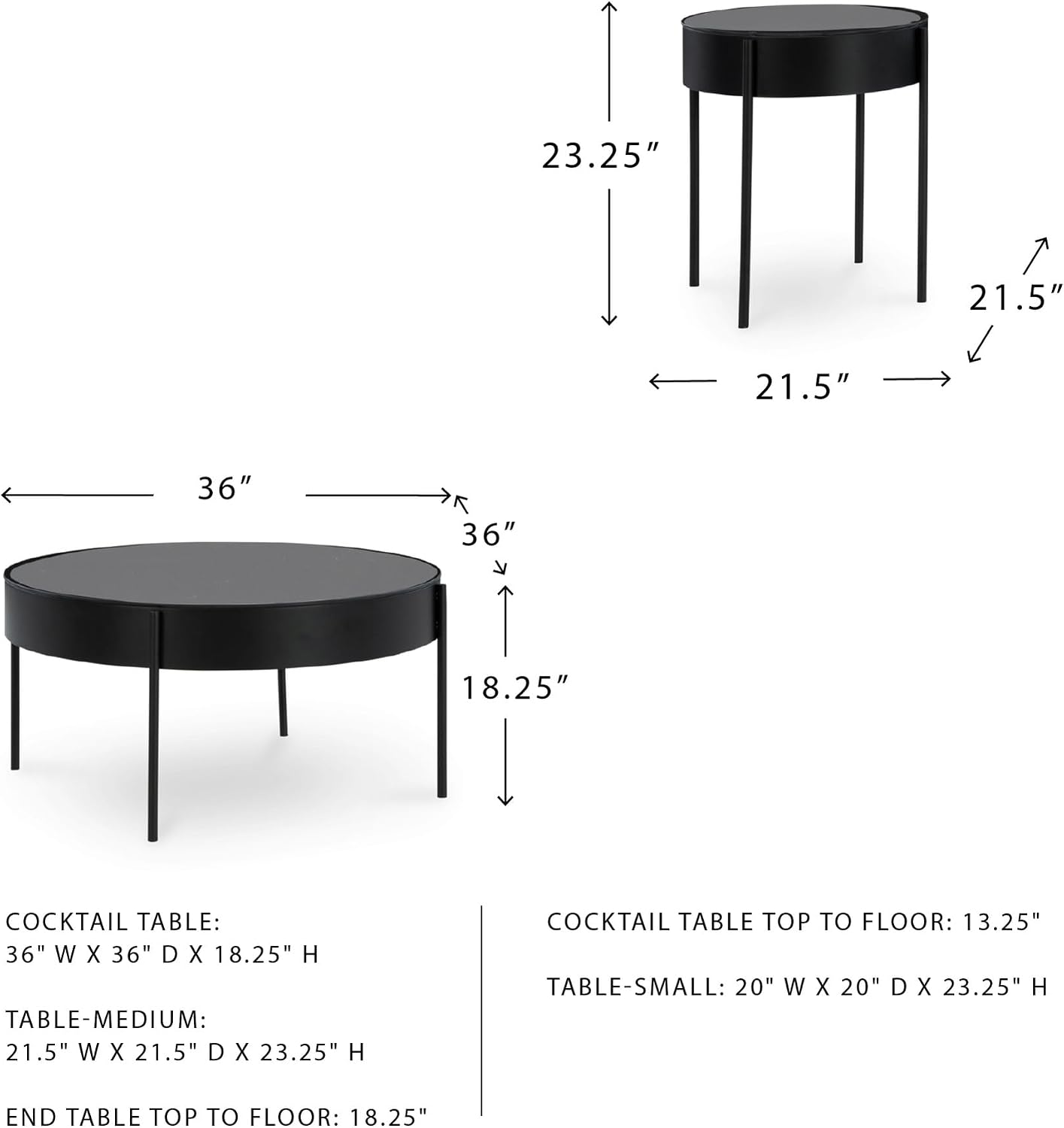 Signature Design by Ashley Ardoline Modern Tempered Glass Tabletop Table Set with 4 Legs, Set of 3, Black
