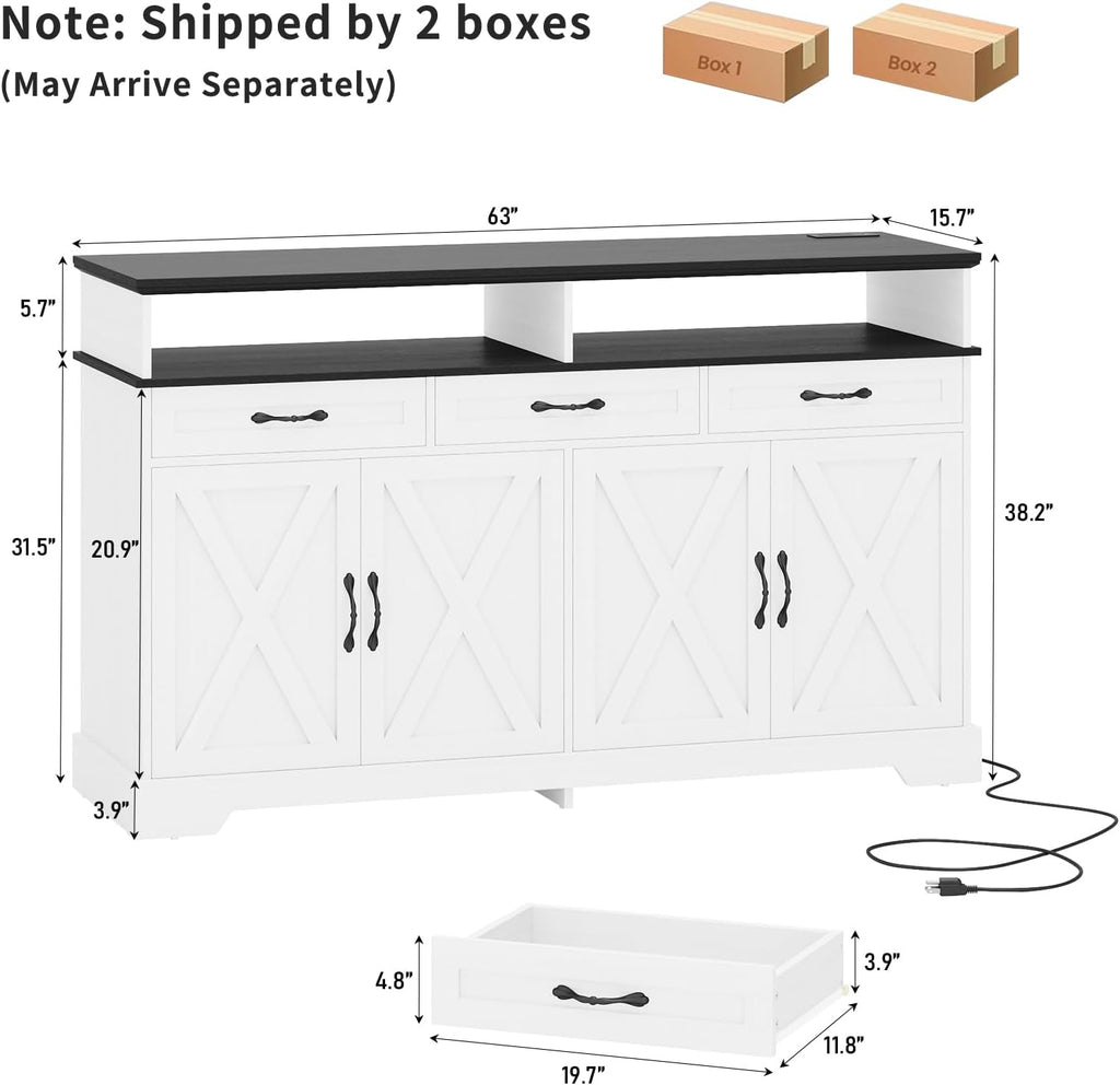 Yanosaku 63'' Buffet Cabinet with Storage, Farmhouse Sideboard Cabinet with Charging Station, Coffee Bar Cabinet, Sideboard Buffet Cabinet for Kitchen, Living Room, Hallway, White