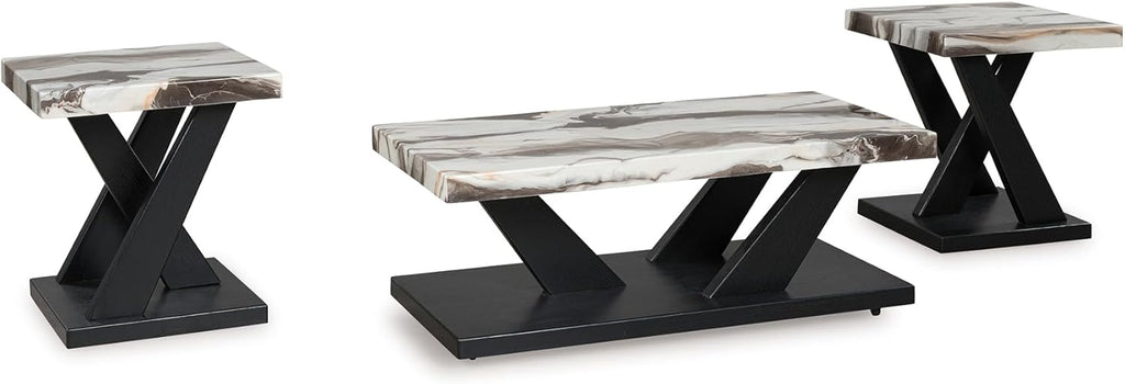 Signature Design by Ashley Cendill Contemporary Faux Marble Table with Casters, Set of 3, White & Black