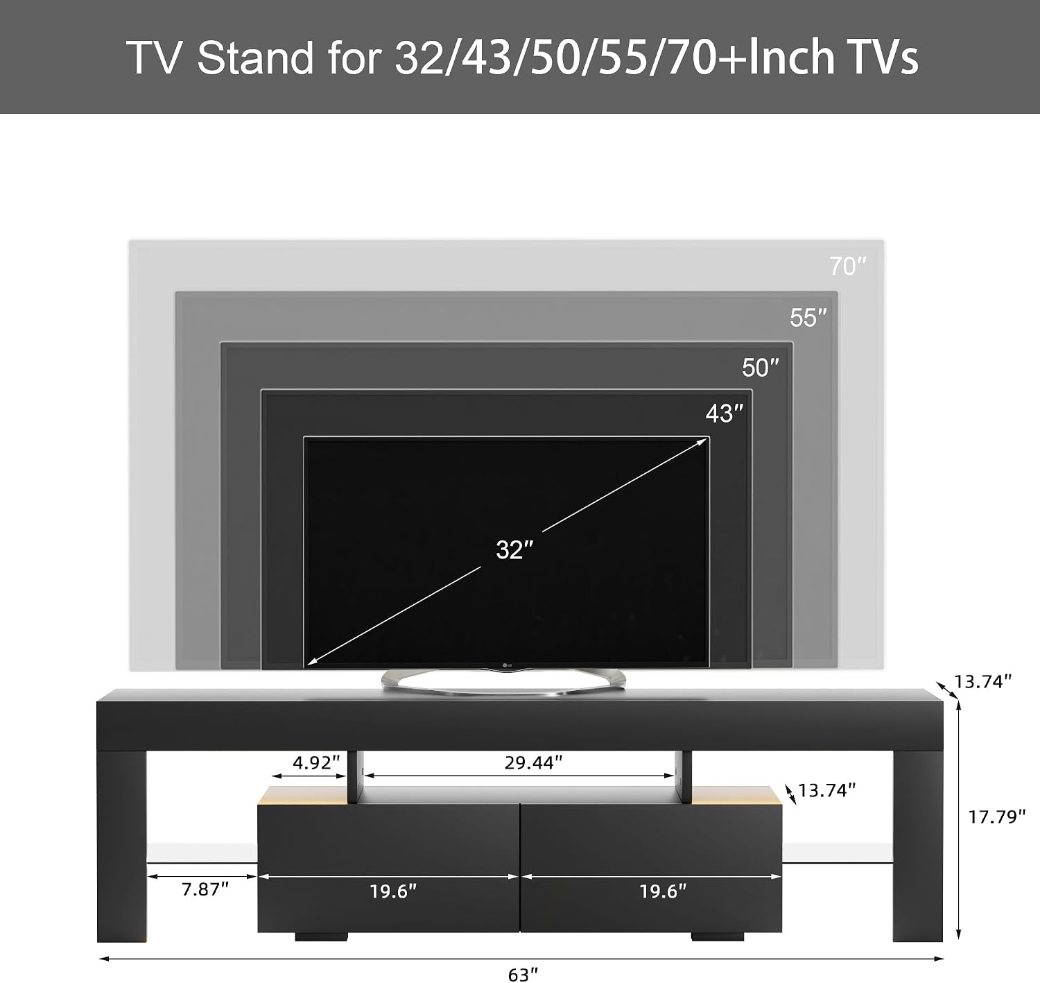 JUMMICO TV Stand, Modern Lighting TV Cabinet Entertainment Center Media and Open Shelf, TV Console Table with 1 Drawer and Remote Control, 20 Color LED Lights up to 70 Inch TV (Black)