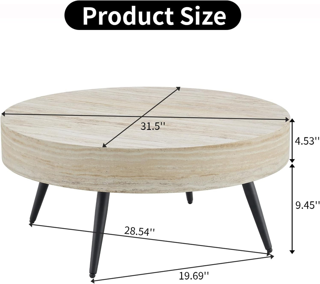 31.5' Modern Round Coffee Table,Small Coffee Tables Center Table with Metal Legs Wood Mars Marble-Patterned Tabletop for Living Room Office Apartment,Easy to Assemble, Wood Mars Marble