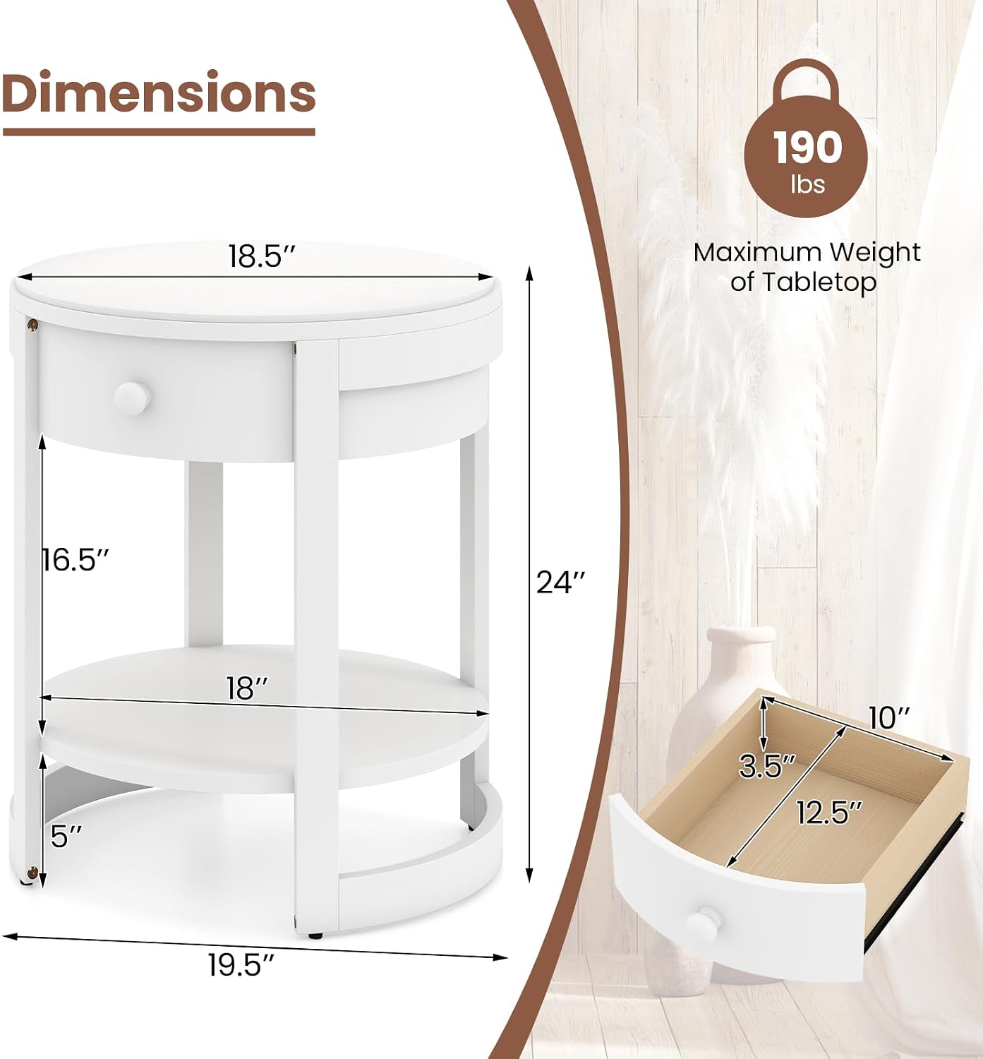 Giantex Round Side Table Set of 2, 2-Tier Wooden End Table with Drawer and Shelf, Vintage Wood Grain Finish, Modern Circle Night Stand for Living Room Bedroom, White