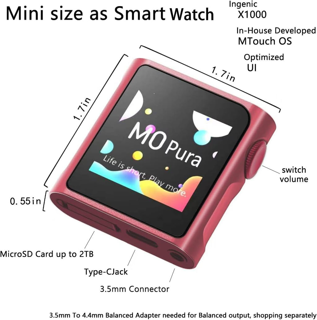 SHANLING M0 Pura Hi-Fi MP3 Player Portable Hi-Res Music Player, Bluetooth 5.0 Digital Audio Player, 2X CS43131 DAC,APP Control,3.5mm/Type-C Jack,384kHz /32bit,250mW@32Ω,MTouch OS (Berry Purple)