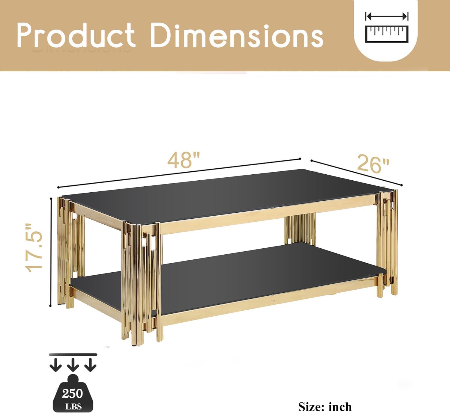 SSLine Black Glass Coffee Table with Gold Stainless Steel Frame Luxury Rectangle 2-Tier Coffee Table for Living Room Modern Elegant Cocktail Center Table with Storage Shelves for Home Office
