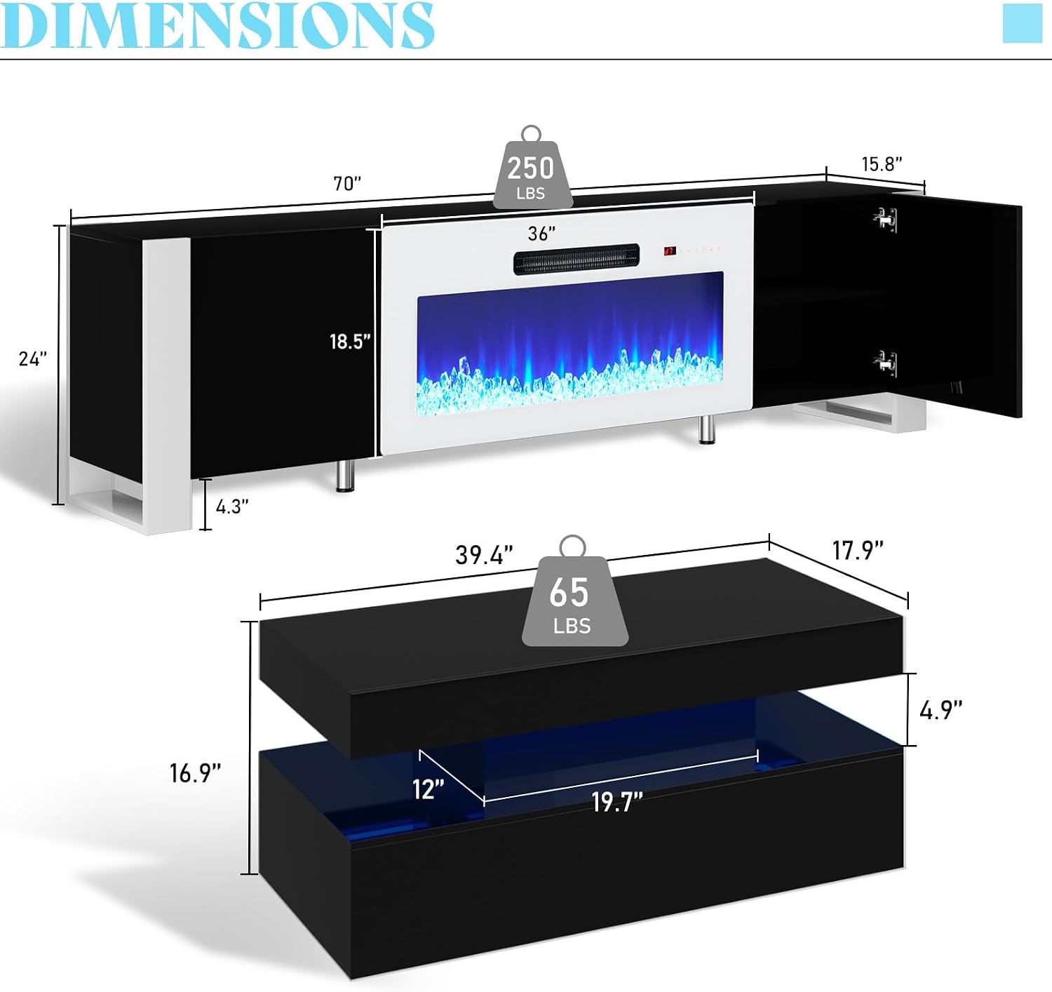 VanAcc 3-Piece Modern Living Room Table Sets, 70' Modern LED TV Stand with 36' Electric Fireplace, High Gloss Coffee Tables for Living Room, Black & White