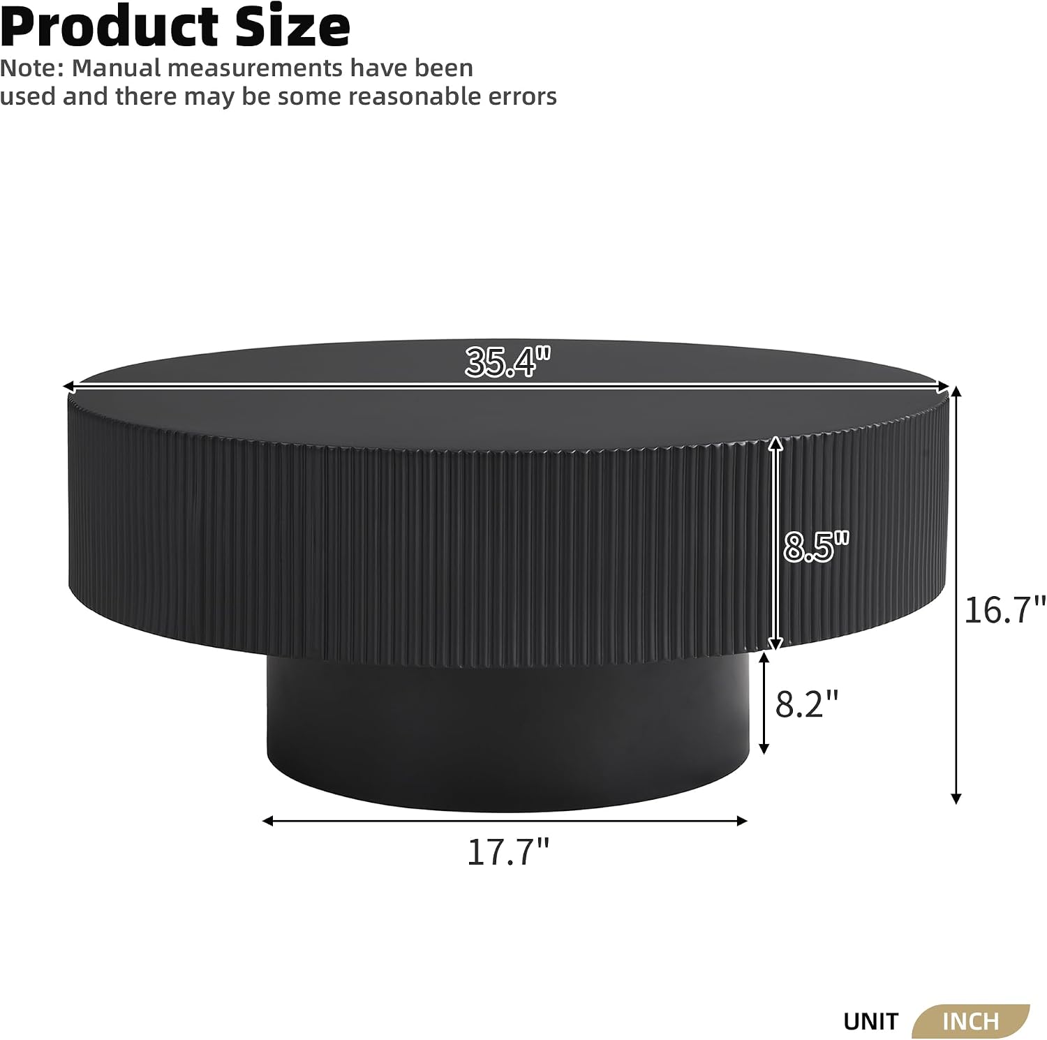 35.4' Wide Round Coffee Table with 6.8' Thick Tabletop, Easy Assembly, Modern Minimalist Wooden Fluted Center Table Black Drum End Table with Sturdy Base for Living Room or Bedroom