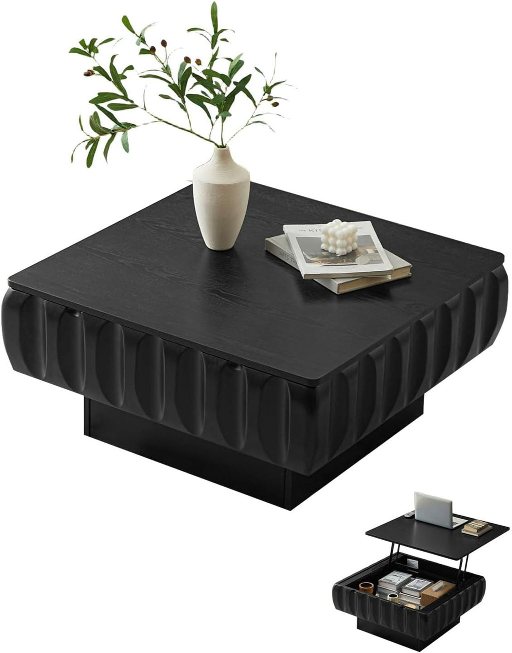 31' Lift Top Coffee Table, Fluted Coffee Table with Hidden Storage, Rectangle Handmade Solid Wood Strips for Small Space Apartment Living Room, Black