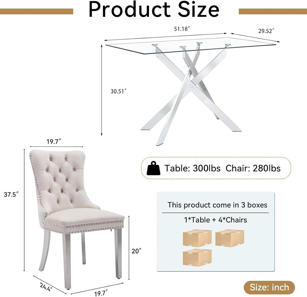 51' Modern Dining Table Set for 4, Rectangular Tempered Glass Dining Table and 4 Beige Velvet Dining Chairs, Luxury 5 Piece Kitchen Dining Room Tables Set with Silver Chrome Metal X-Base