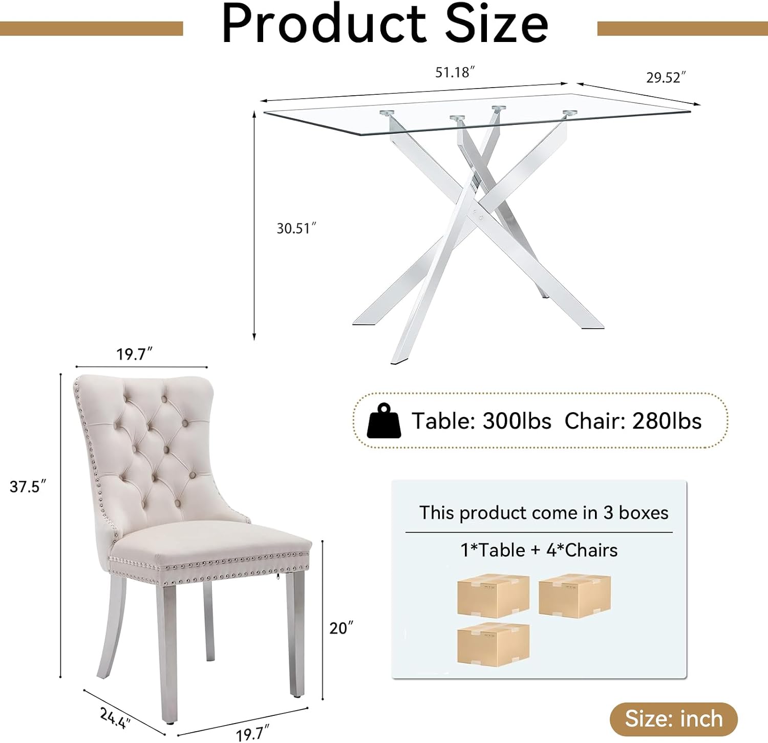 51' Modern Dining Table Set for 4, Rectangular Tempered Glass Dining Table and 4 Beige Velvet Dining Chairs, Luxury 5 Piece Kitchen Dining Room Tables Set with Silver Chrome Metal X-Base