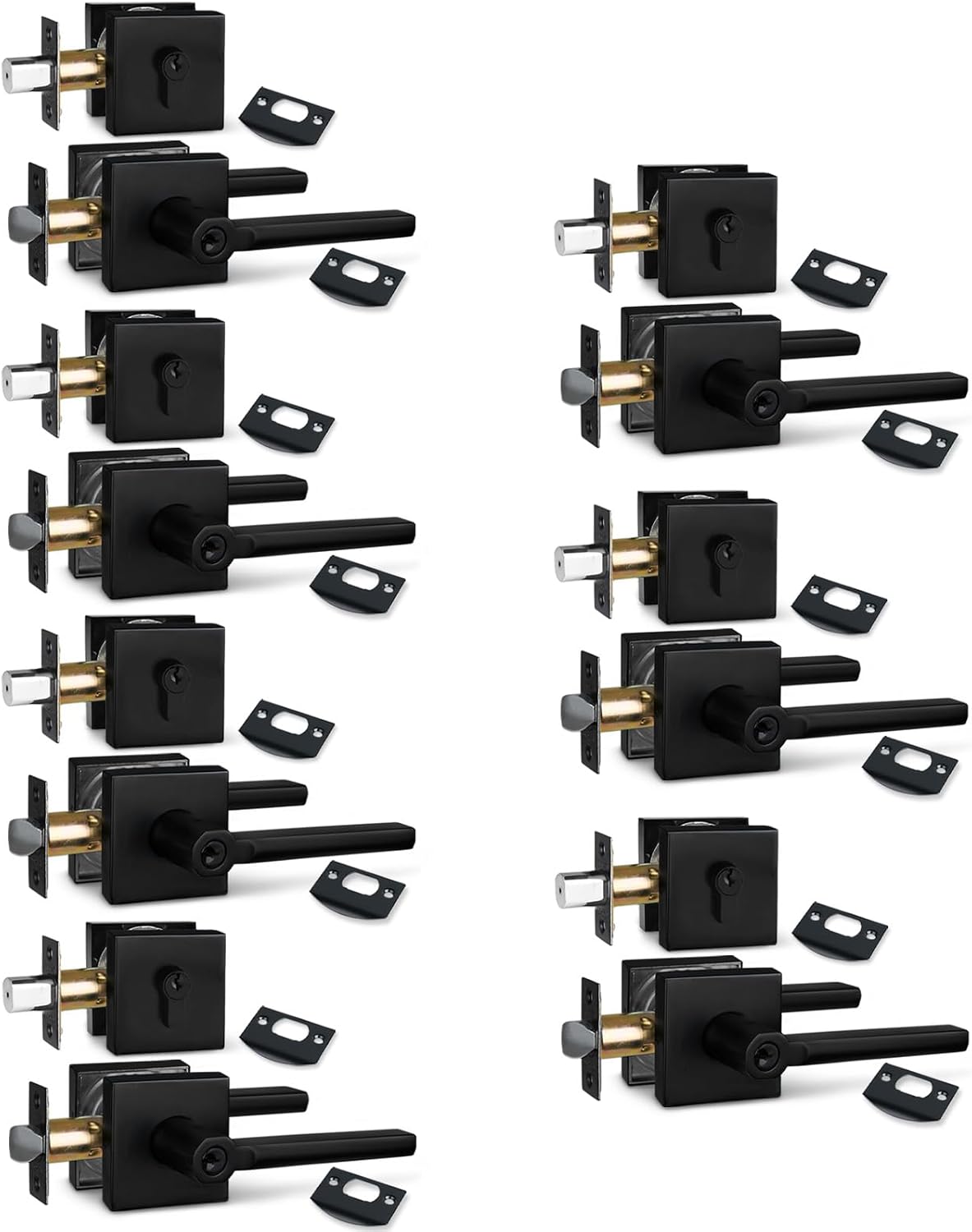 NEWBANG (7Pack) Square Heavy Duty Keyed Entry Combo with deadbolt and Lever Door Handle in Matte Black (for Entrance/Exterior/Front/Office Door) Left or Right Handed
