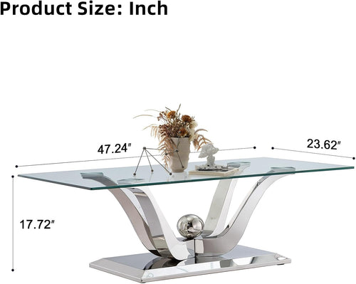 1 Piece Living Room Coffee Table Luxury Glass Center Table, Modern Silver Coffee Table with Floral-Shape Stainless Steel Pedestal Base