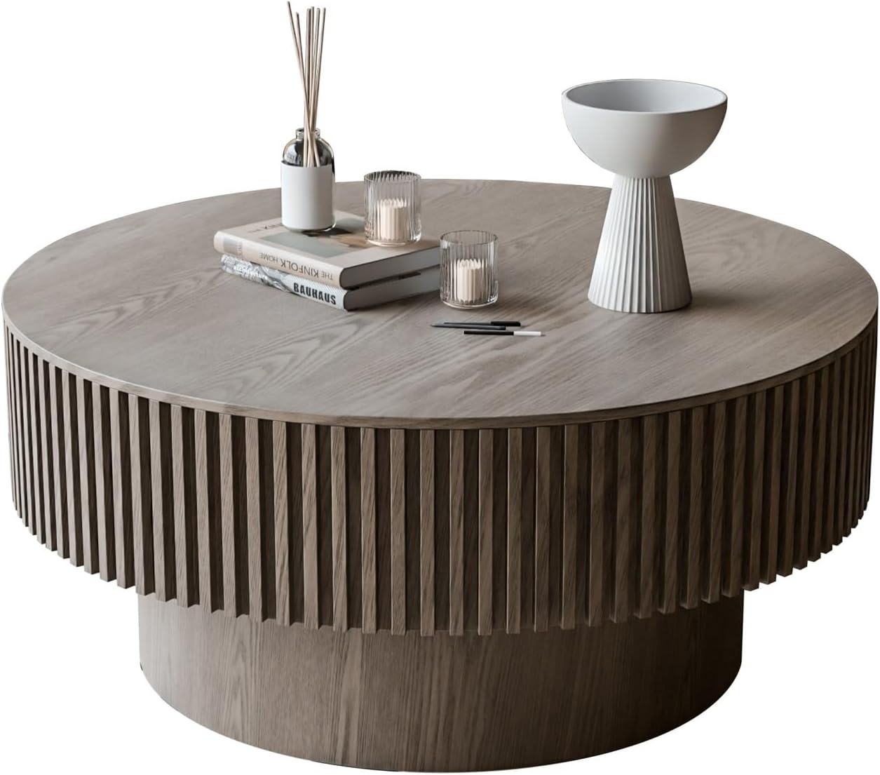 31.5'' Round Coffee Table for Living Room, Fluted Coffee Tables with Hidden Storage, Solid Wood Veneered Circle Modern Tea Table for Small Space Apartment (Grey-31.5''D×14''H)