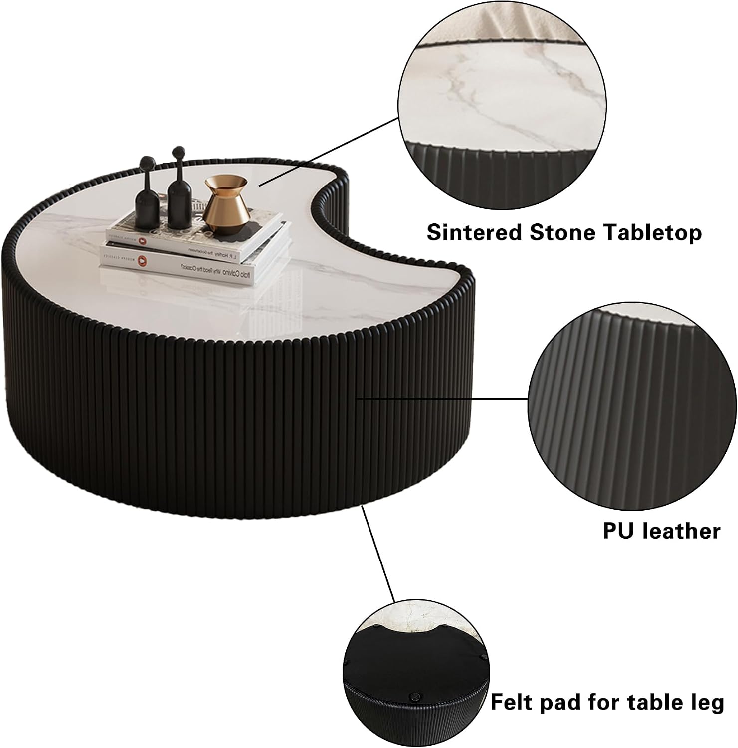 29.53' Marble Coffee Table, Modern Creative Moon Coffee Table with Sintered Stone Top and PU Leather Covered, Black Fluted Cocktail Center Tea Coffee Tables for Living Room,No Need Assembly