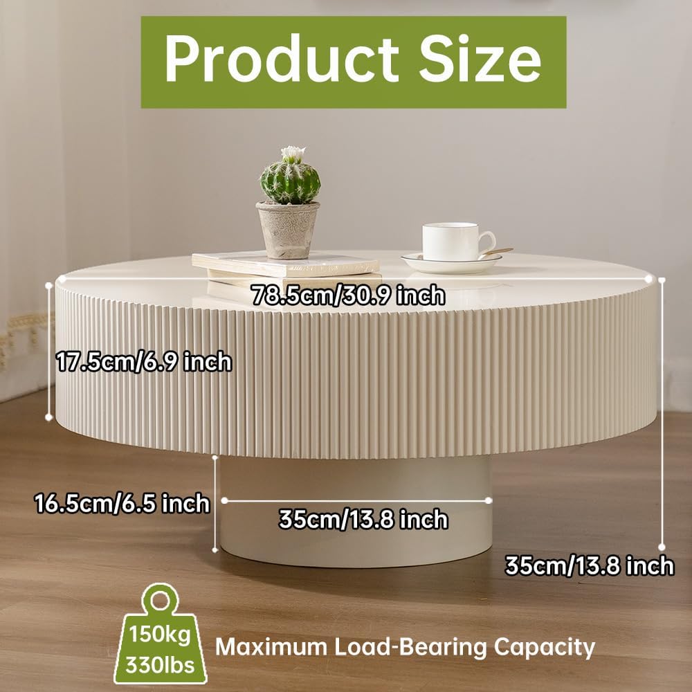 Round Drum Coffee Table White Round Fluted Coffee Table Modern Unique Fluted Drum Coffee Tables for Living Room (Ivory White, 30.9 * 30.9 * 13.8')