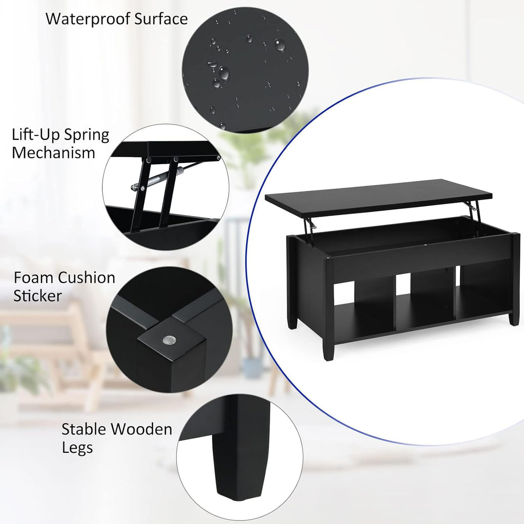 COSTWAY Lift Top Coffee Table, with Hidden Storage Compartment & 3 Open Shelves, Rectangular Cocktail Tea Table with Solid Wood Legs for Living Room Reception Room (Black)