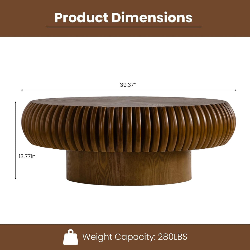 JHKZUDG Round Fluted Coffee Table 39.4'' Wood Drum Coffee Tables Contemporary Circle Accent Center Table Mid Century Side Table for Living Room, Small Space, Apartment (Walnut, 39.4' Coffee Table)