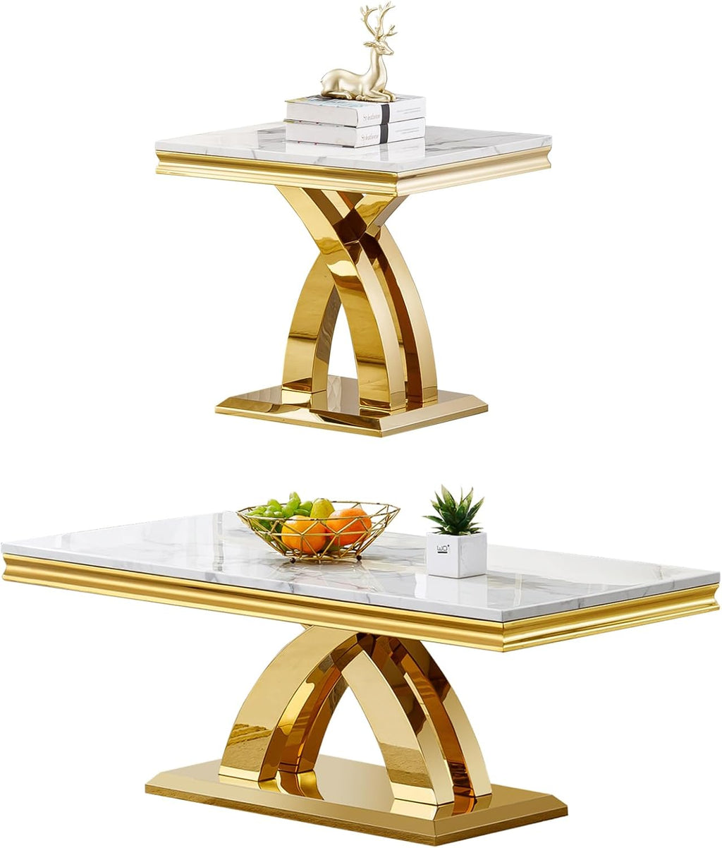 Marble Coffee Table Set of 2, 2 Piece Living Room Table Set Include 1 Coffee Table & 1 End Table,Modern White Gold Coffee Table and End Table Sets with Double X Shape Stainless Steel Base