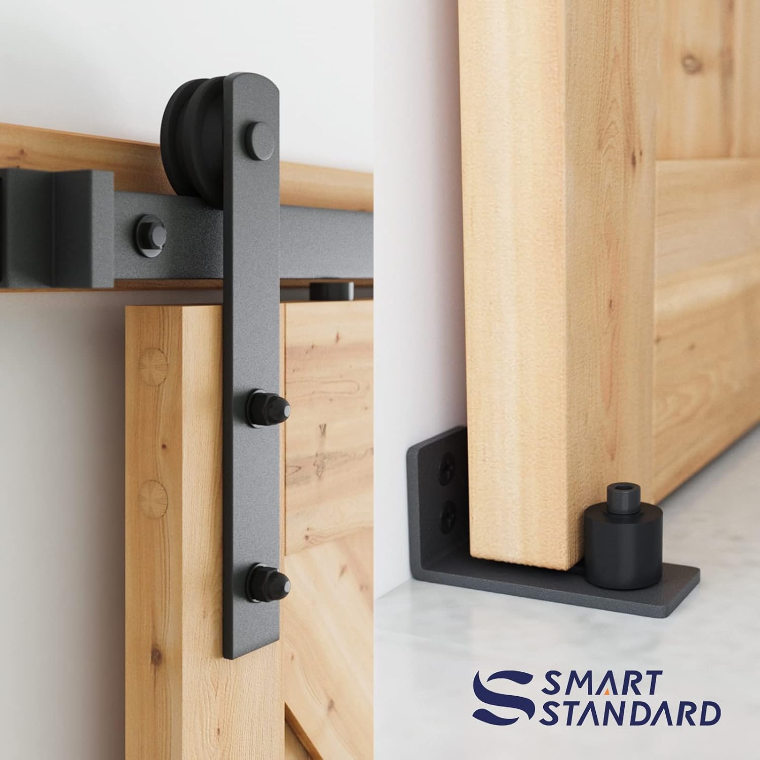 SMARTSTANDARD 12 FT Heavy Duty Sturdy Sliding Barn Door Hardware Kit, Black, (Whole Set Includes 1x Pull Handle Set & 1x Floor Guide) Fit 72' Wide Door Panel (I Shape Hanger)