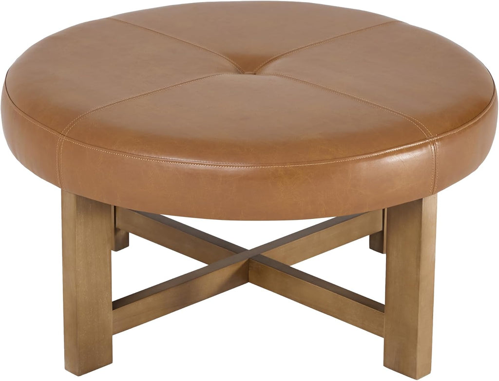 Christopher Knight Home Ladin Modern Round Ottoman Coffee Table, Faux Leather Cocktail Ottoman for Living Room Sofa, Entryway Comfortable Footstool, Wooden Ottoman Foot Rest, Light Brown+Walnut