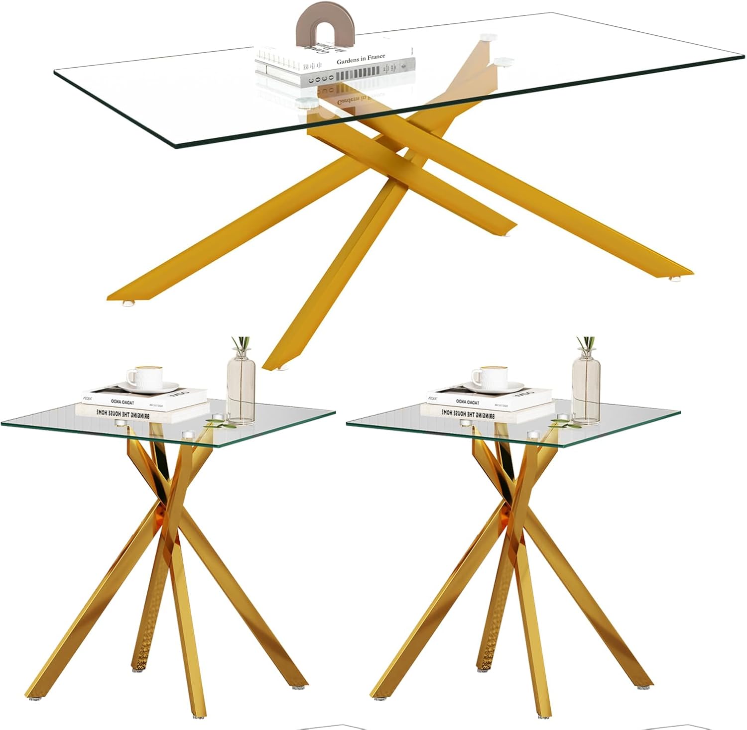 Glass 3 Piece Living Room Table Set,Glass Coffee Table and End Table Sets,Accent Table Sofa Table Sets with X-Designed Metal Legs and Tempered Glass Tabletop for Living Room Furniture (3, Gold)