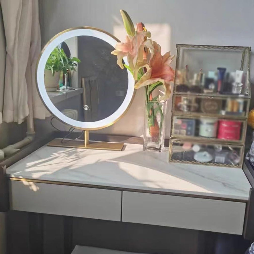 Freestanding Round Vanity Mirror with Led Lights, Bedroom Illuminated Tabletop Mirrors, 3 Color Lighting Stainless Steel Frame Cosmetic Mirror - Touch Switch (Color : Gold, Size : 50x50cm/20x20in) (G