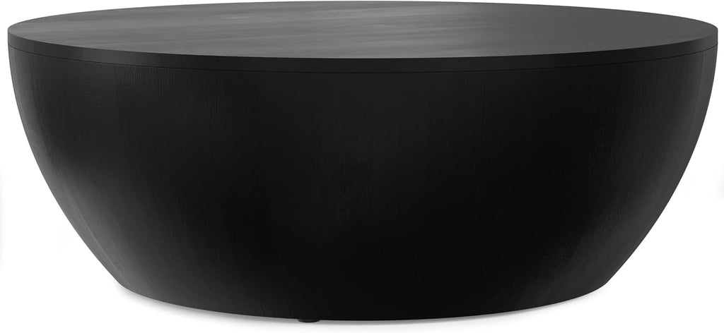 SIMPLIHOME Elmbrook Coffee Table - 34' Wide x 12' High Solid Mango Wood Modern Industrial Round Drum Cocktail Table in Black, Sculptural Living Room Table with Low Profile Design, Assembled