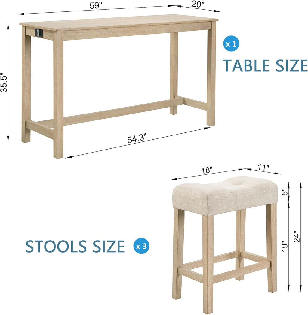 Merax 4 Piece Dining Bar Table Set with Power Outlet,Behind Sofa Couch Table with 3 Linen Fabric Padded Saddle Seat Stools,for Living Room,Dining Room,Light Oak
