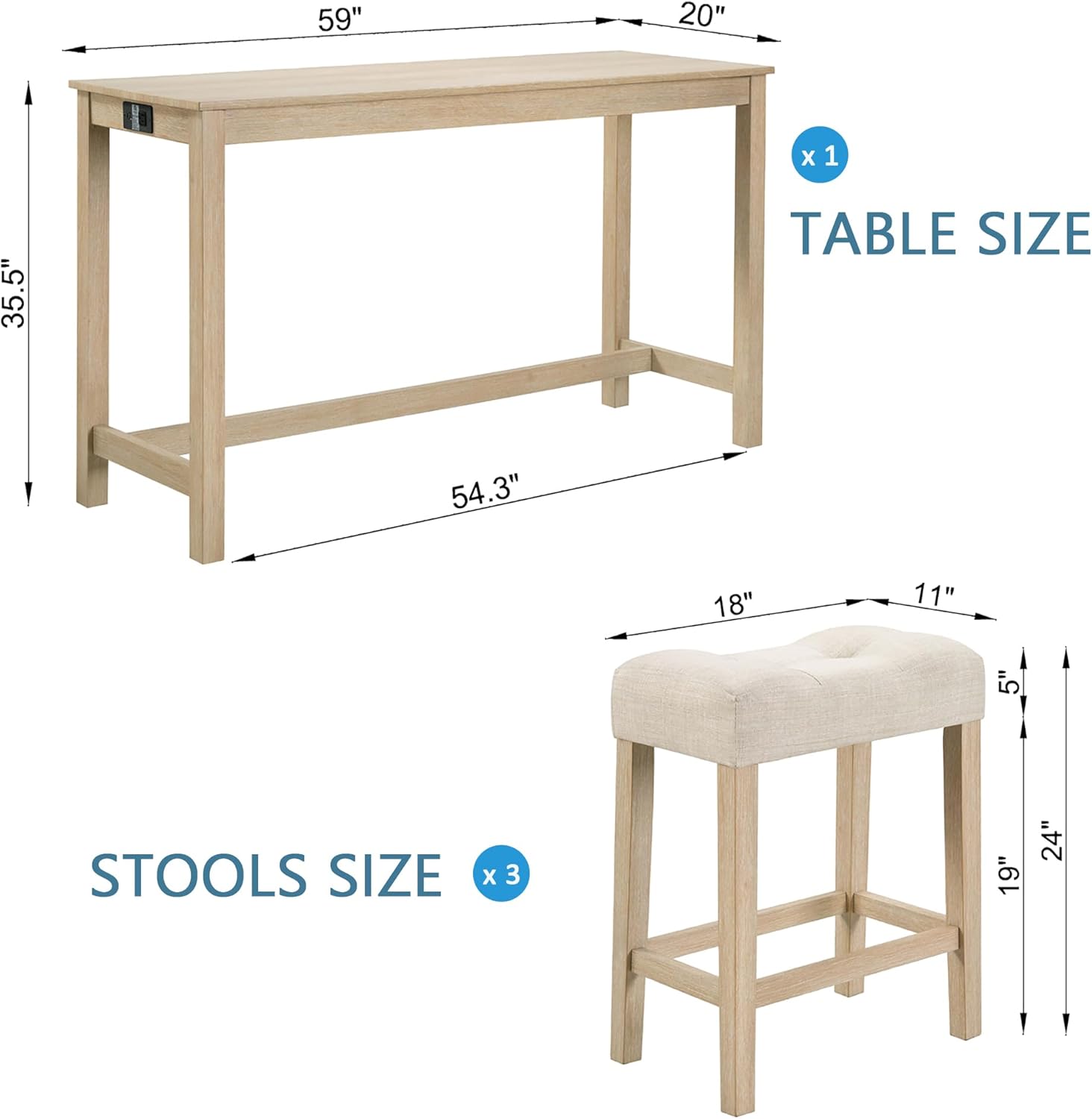 Merax 4 Piece Dining Bar Table Set with Power Outlet,Behind Sofa Couch Table with 3 Linen Fabric Padded Saddle Seat Stools,for Living Room,Dining Room,Light Oak