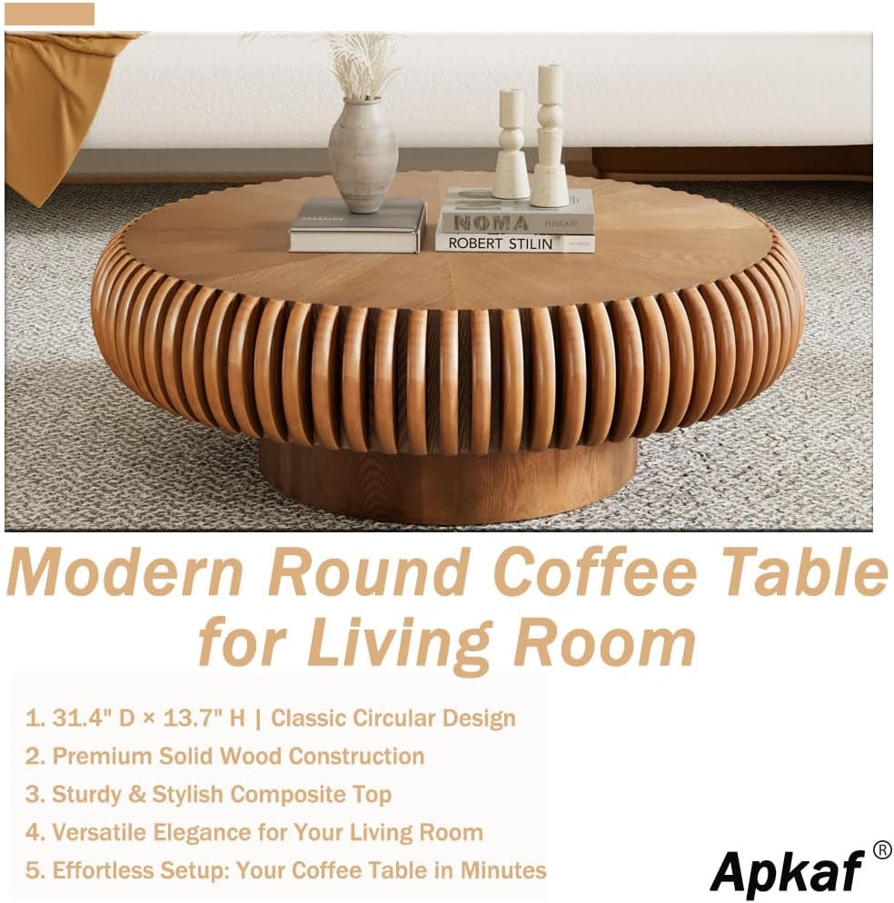 Round Coffee Table for Living Room Modern Solid Wood Fluted Design Coffee Tables with Sturdy Pedestal for Small Space Circle Center Table Accent Tea Table for Apartment, Easy Assemble (Brown, 31.4)