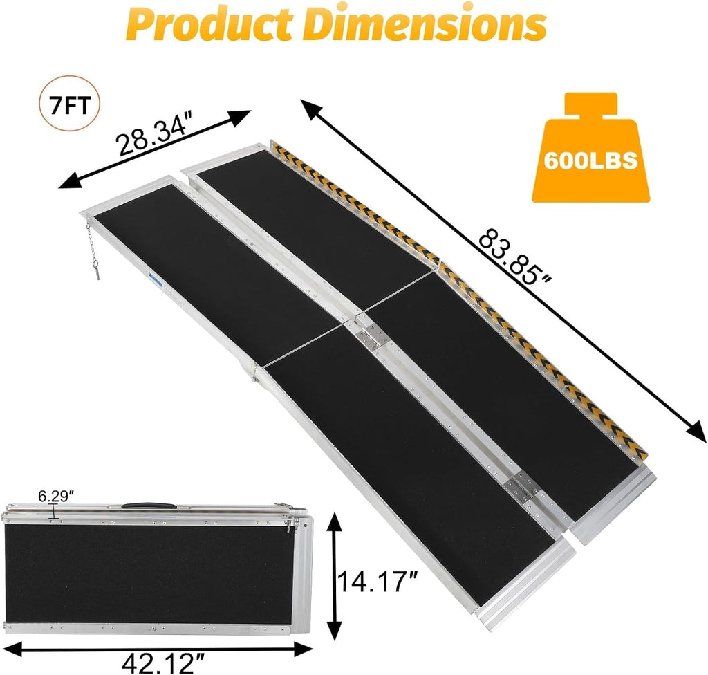 7FT Portable Wheelchair Ramp, Wheel Chair Ramp, Non-Slip Aluminum Wheelchair Ramp, 600lbs Weight Capacity for Home, Doorways, Curbs, Steps