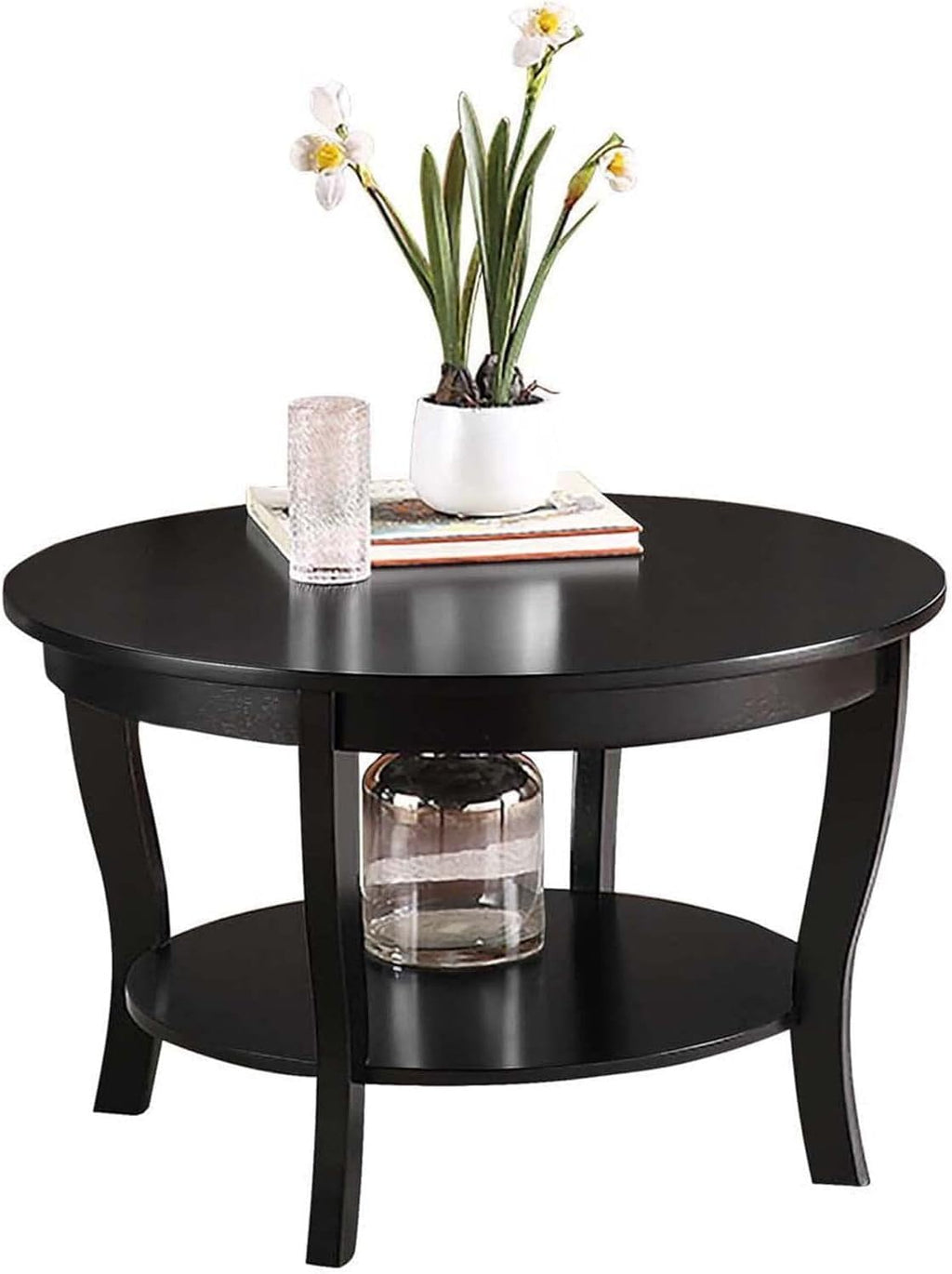 HomeStock Global Greatness Round Coffee Table with Shelf, Wood Finish, Classic Transitional Style Table, Two Tier Spacious Shelving, 30.00 x 30.00 x 18.00 Inch Black