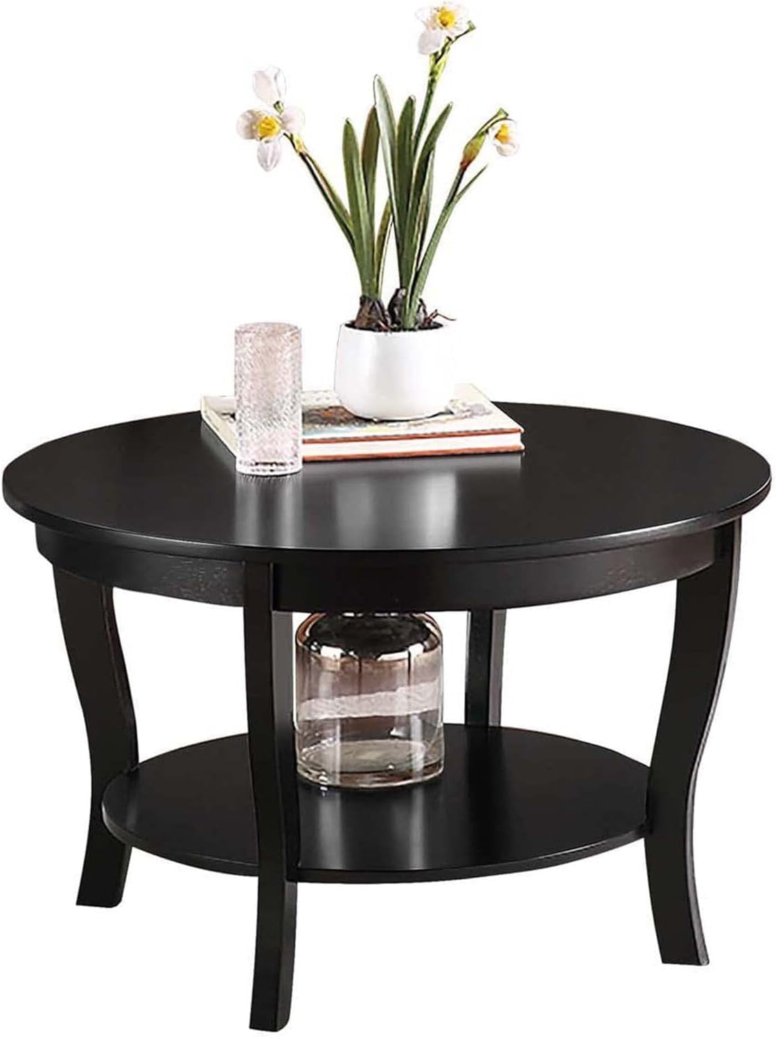 HomeStock Global Greatness Round Coffee Table with Shelf, Wood Finish, Classic Transitional Style Table, Two Tier Spacious Shelving, 30.00 x 30.00 x 18.00 Inch Black