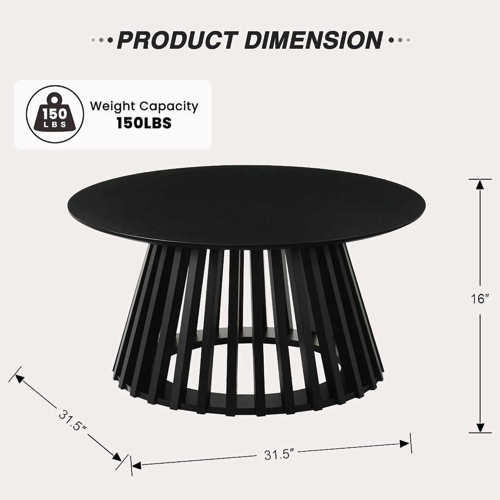 HNY Modern Black Round Coffee Table for Living Room, Mid Century Wood 31.5' Circle Small Center Table with Wooden Fluted Base for Home Small Space, Bedroom, Apartment, Studio