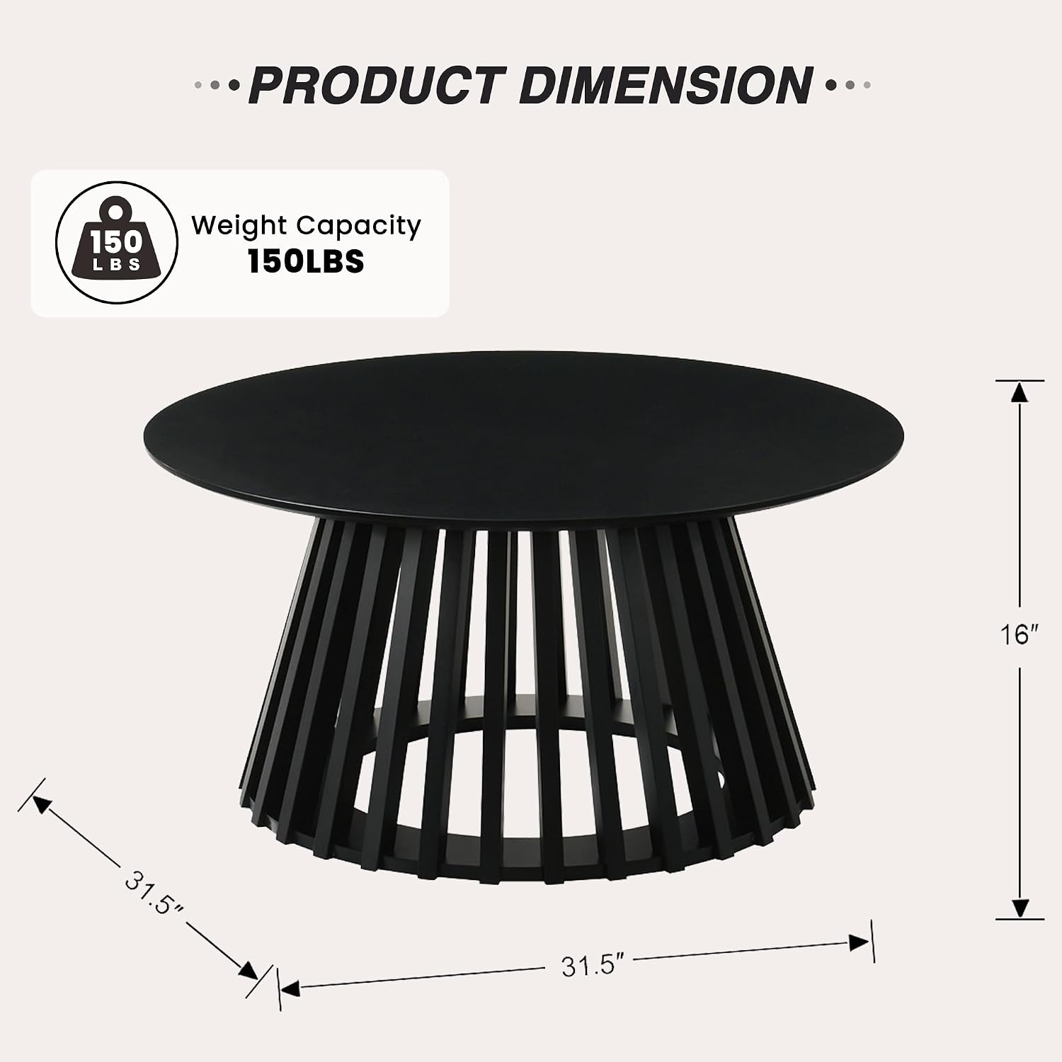 HNY Modern Black Round Coffee Table for Living Room, Mid Century Wood 31.5' Circle Small Center Table with Wooden Fluted Base for Home Small Space, Bedroom, Apartment, Studio