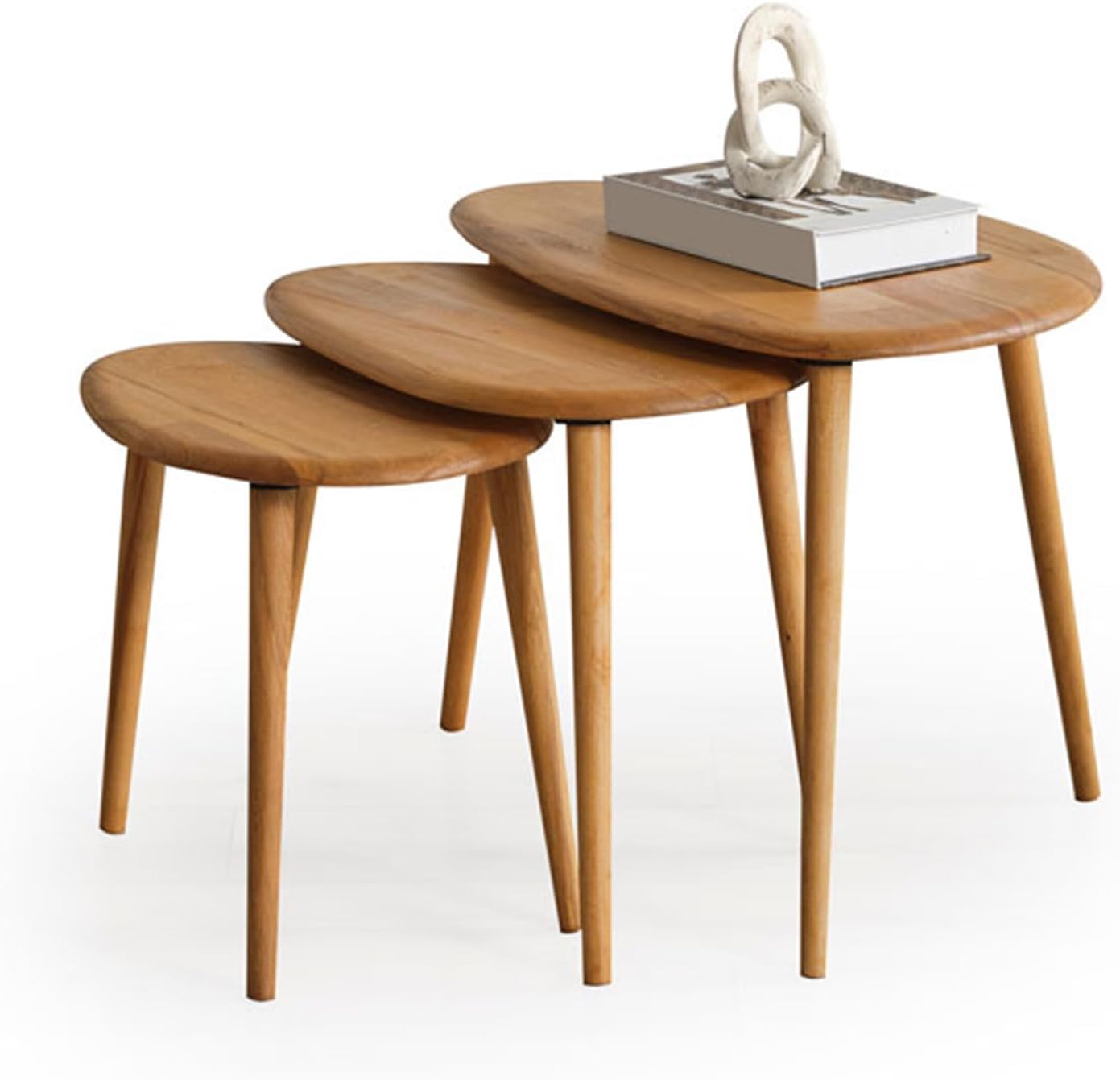 Solid Wood Nesting Coffee Table Set of 3 - Mid Century Modern Pebble Tables with Tapered Legs – Wooden Home Furniture in a Retro Style (Oak)