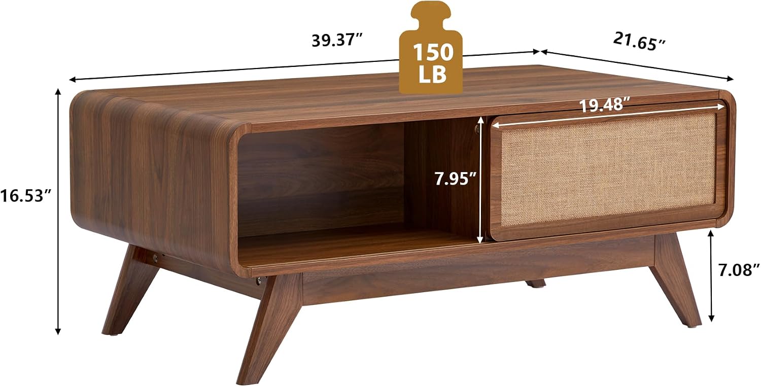 AVZEAR Mid Century Modern Coffee Table with Storage, Curved Edge Wood Coffee Table with Sliding Nature Linen Door, Farmhouse Center Table Rectangle Coffee Table for Living Room, Office, Walnut
