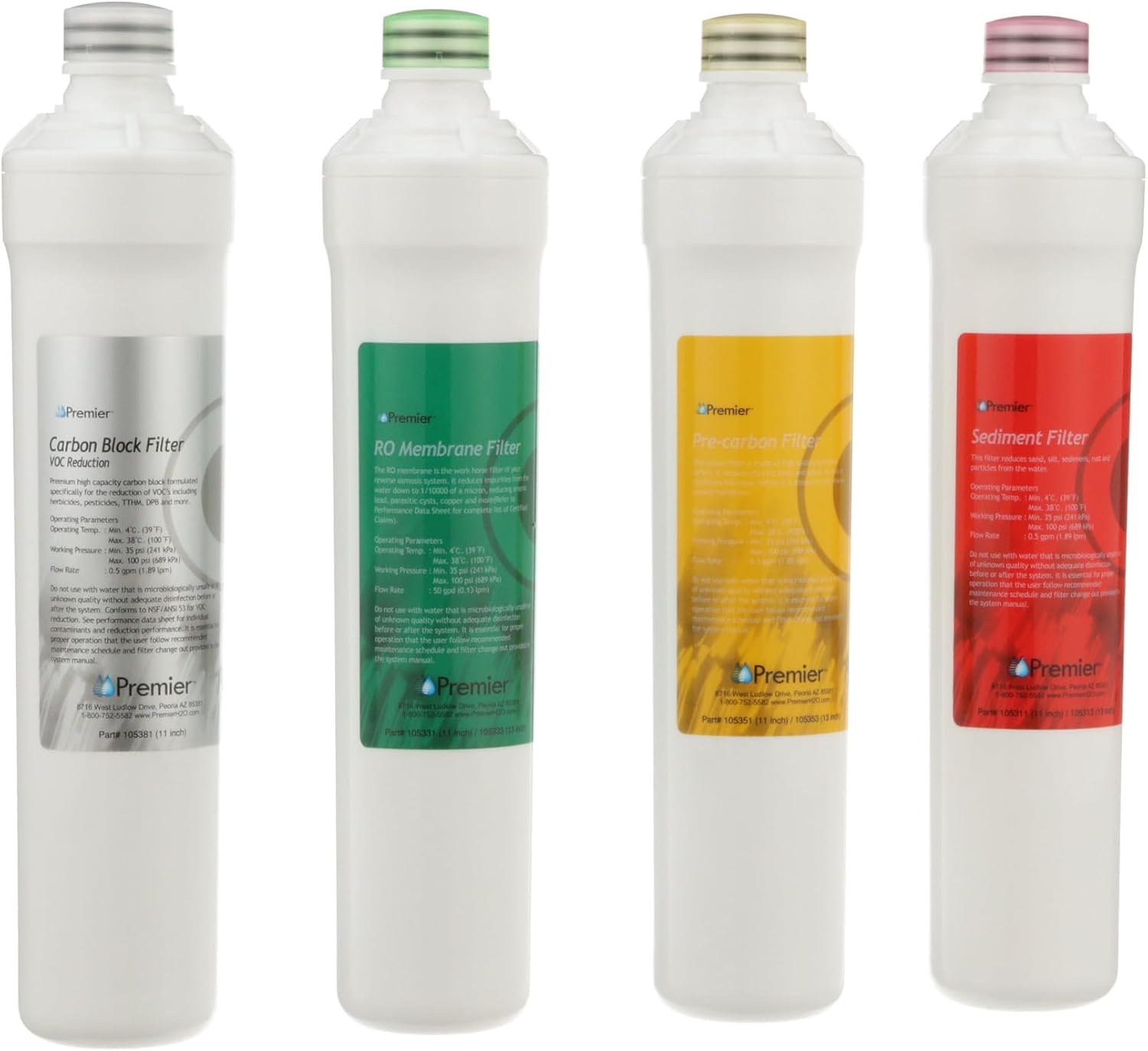 Watts Premier RO Pure Plus 4-Pack Filtration Kit for 4 Stage Pure Plus/Zero Pure Plus Reverse Osmosis System, Push Button Water Filter Replacement, Sediment Filter, Carbon Pre-Filter, VOC, Membrane
