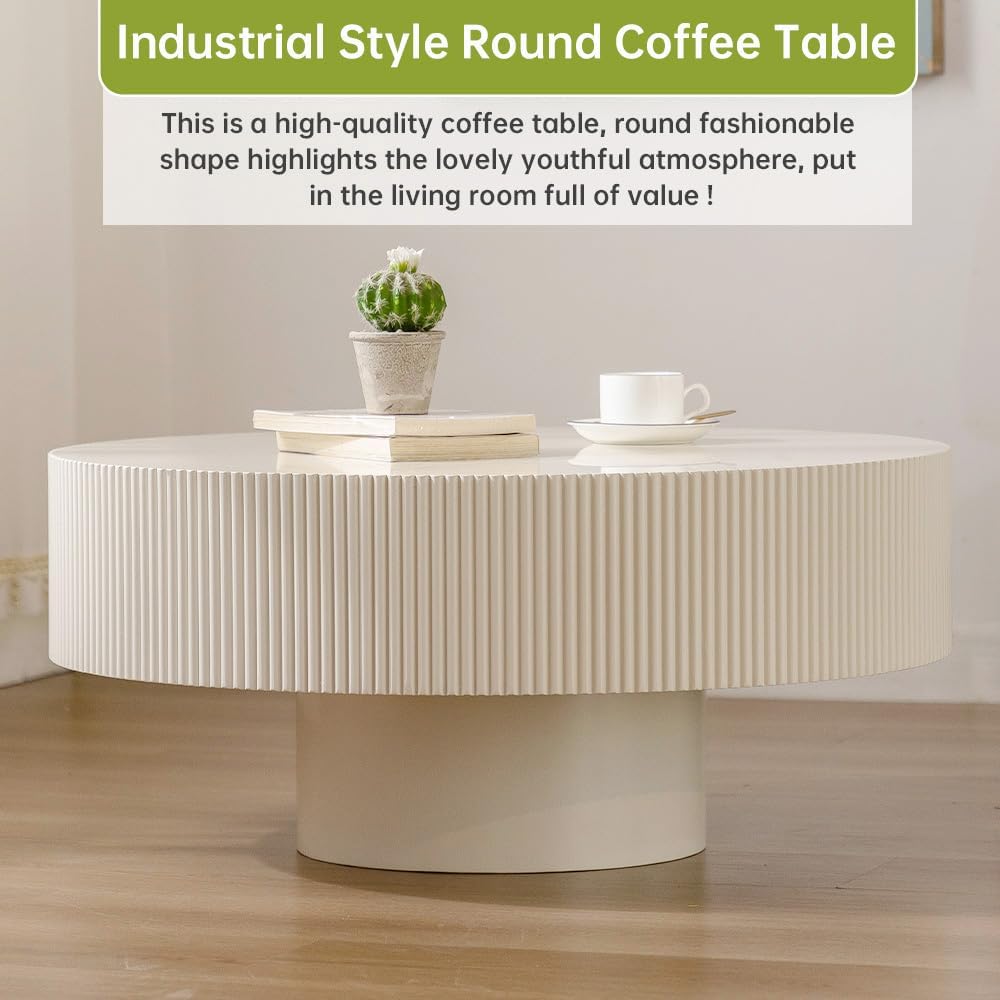 Round Drum Coffee Table White Round Fluted Coffee Table Modern Unique Fluted Drum Coffee Tables for Living Room (Ivory White, 30.9 * 30.9 * 13.8')