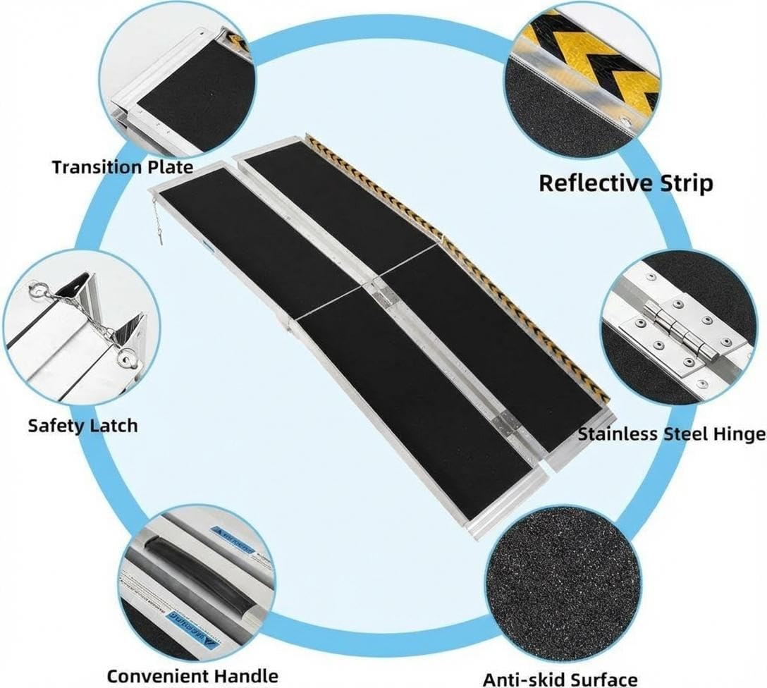 6 ft Portable Wheelchair Ramp, 600 LBS 28' Wide Aluminum Folding Handicap Ramp with Anti-Slip Surface & Reflective Strips for Home Steps Threshold Doorways
